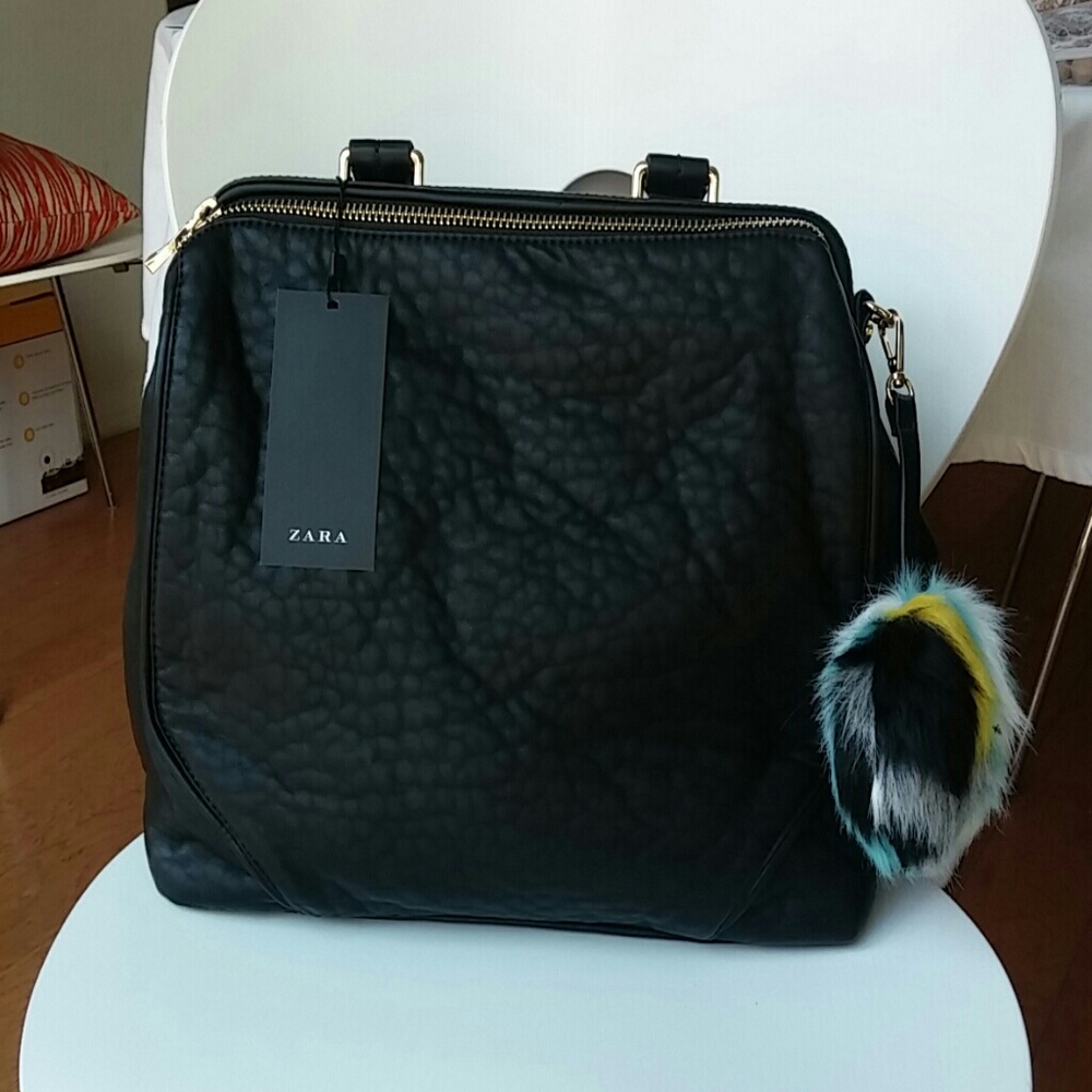 Zara Black Satchel with Fur Accent